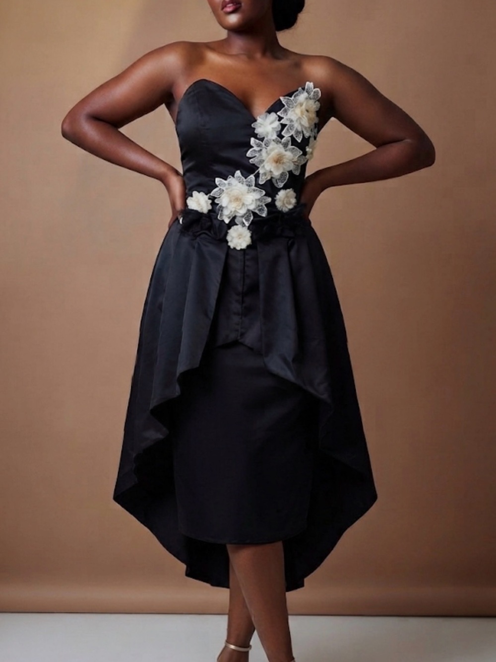 Strapless Black High-Low Dress with Floral Appliqué